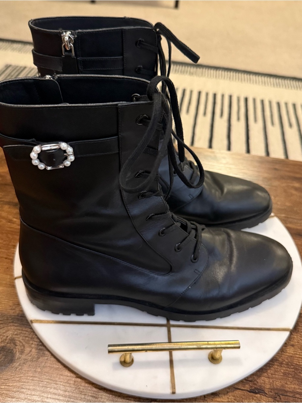 Stuart Weitzman Black Leather Lace-Up Combat Boots with Buckle - Picture 6 of 11